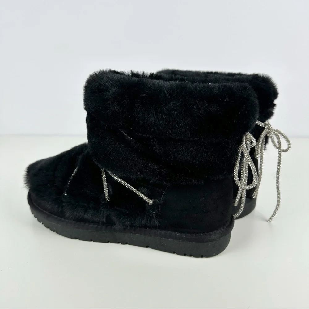 AZALEA WANG Retrograde Alina Black Faux Fur Moon Boots Rhinestone Laces NEW